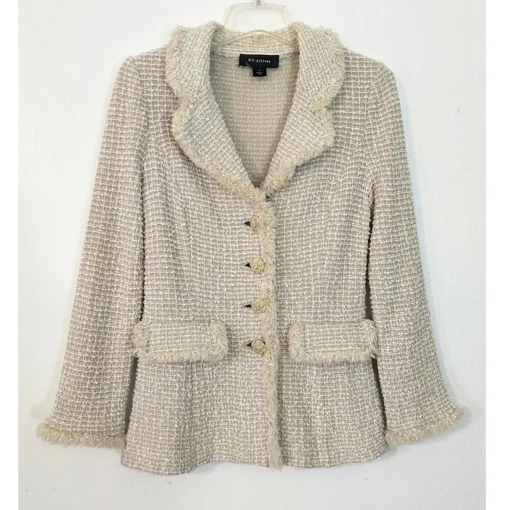 St. John Tweed Fringe Knit Rose Button Front Shoulder Pad Tailored Blazer Jacket - Picture 2 of 9